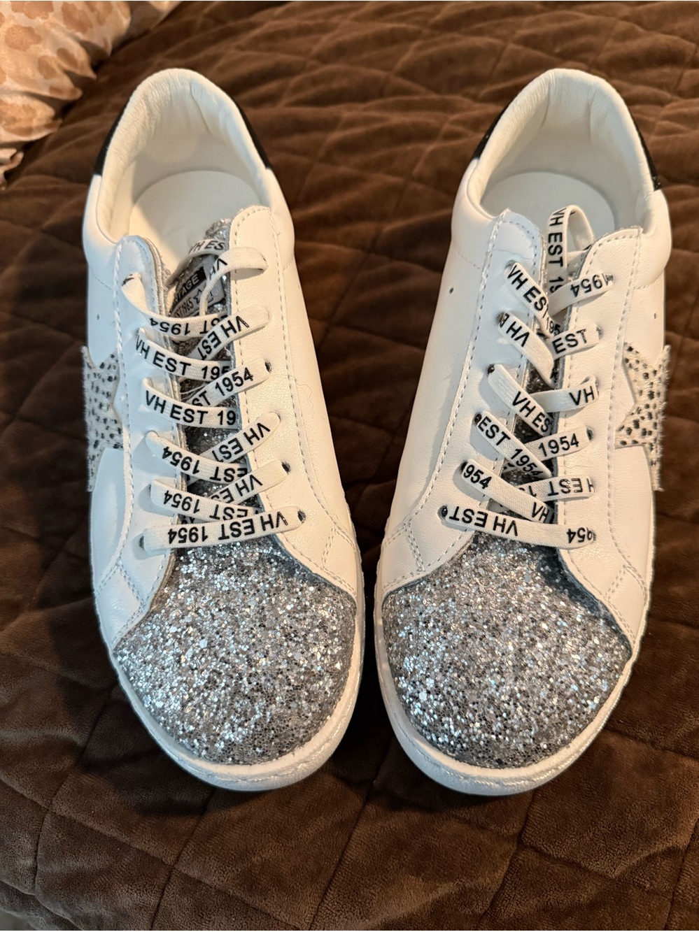 Vintage White Sneakers with Silver Glitter Accents